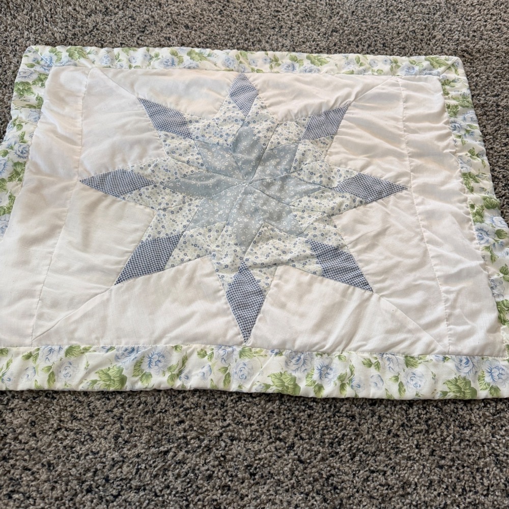 Jia Li Textile Lone Star Quilted Pillow Sham Blue White Floral Gingham 29" x 23"